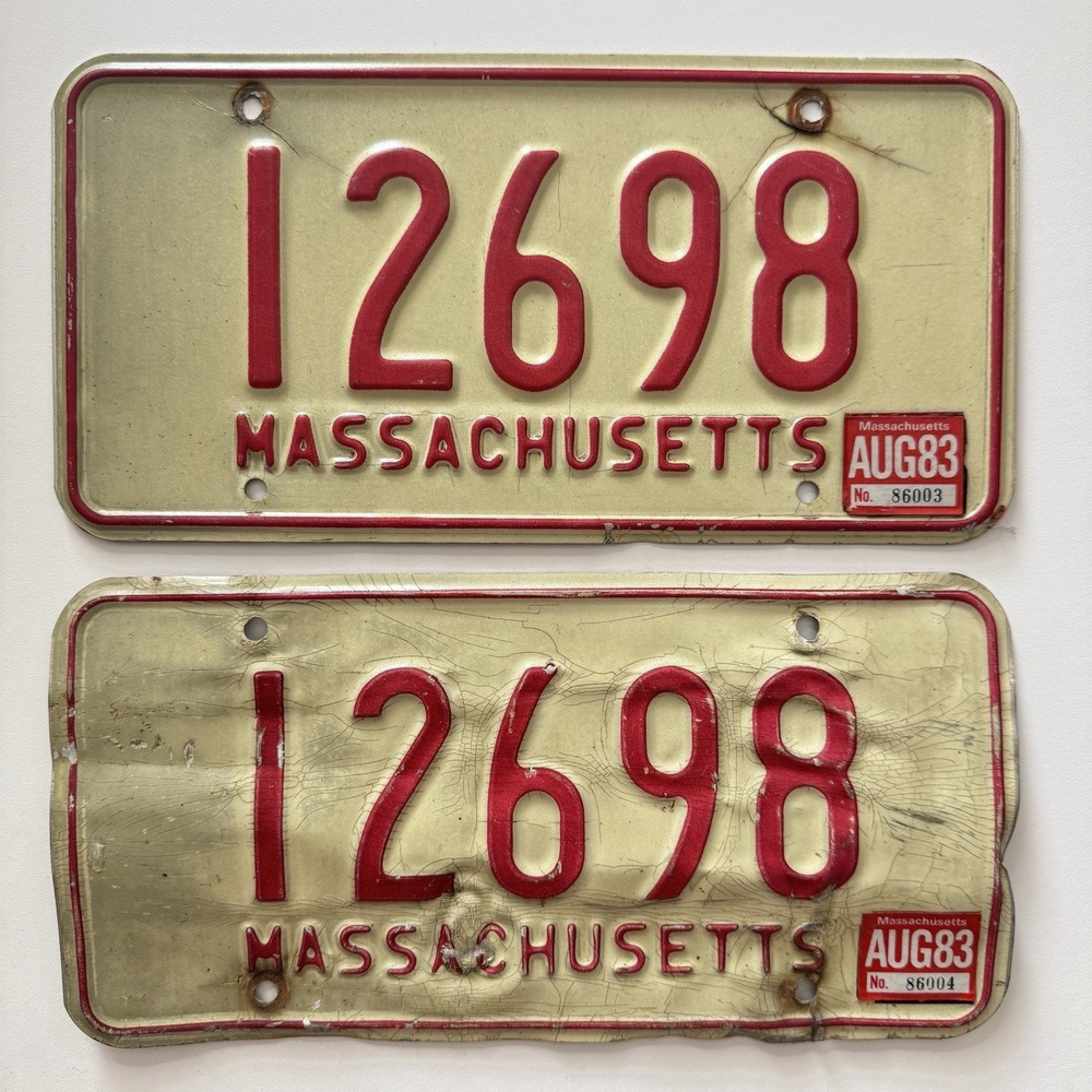2 Vintage 83 MASS 1980s White Red Massachusetts License‎ Plate # 12698 Auto Tags